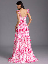 Modest Red Floral Printed Bridesmaid Dress A-line Ruffles Corset Mychicdress